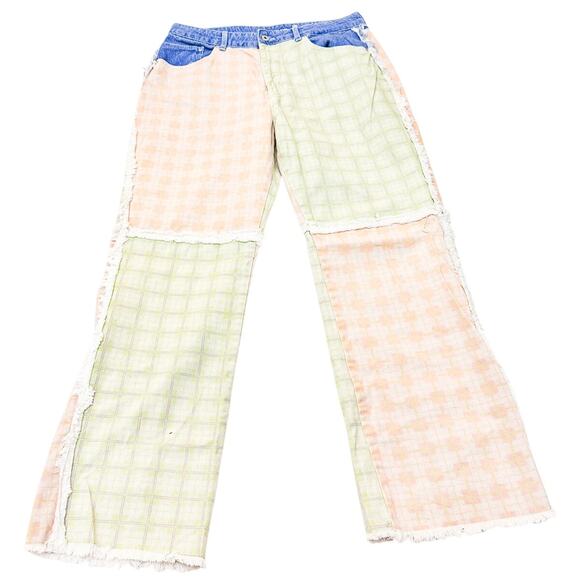 The Ragged Priest Jeans Patchwork Checkered Jeans Lime Green Salmon Blue Size 34 - Picture 2 of 9
